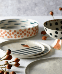 Handmade Footed Serving Bowl - Porcelain - Dots & Stripes
