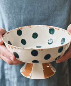 Handmade Footed Serving Bowl - Porcelain - Dots & Stripes