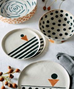 Handmade Footed Serving Bowl - Porcelain - Dots & Stripes