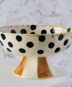 Handmade Footed Serving Bowl - Porcelain - Dots & Stripes