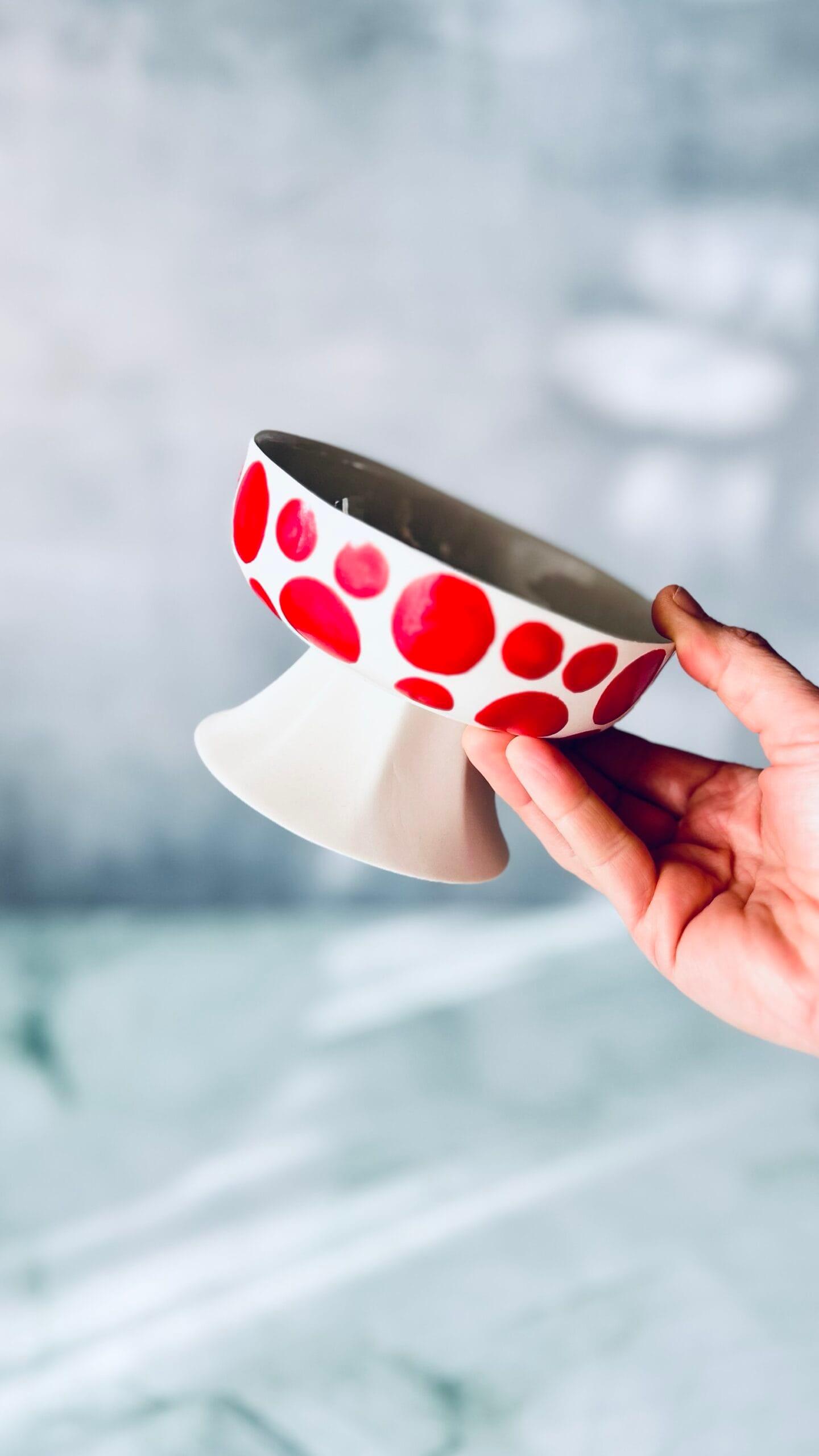 Mini Footed Porcelain Bowl – Red Polka Dots & Stripes
