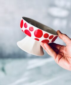 Mini Footed Porcelain Bowl – Red Polka Dots & Stripes
