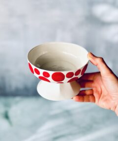 Mini Footed Porcelain Bowl – Red Polka Dots & Stripes