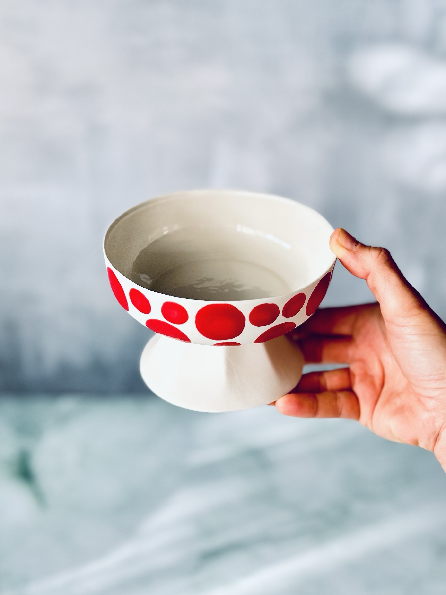 Mini Footed Porcelain Bowl – Red Polka Dots & Stripes