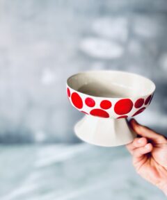Mini Footed Porcelain Bowl – Red Polka Dots & Stripes