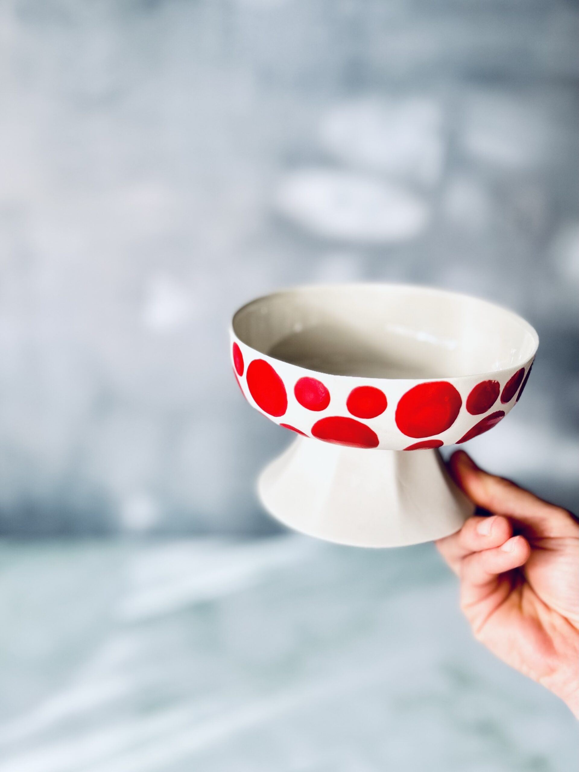 Mini Footed Porcelain Bowl – Red Polka Dots & Stripes