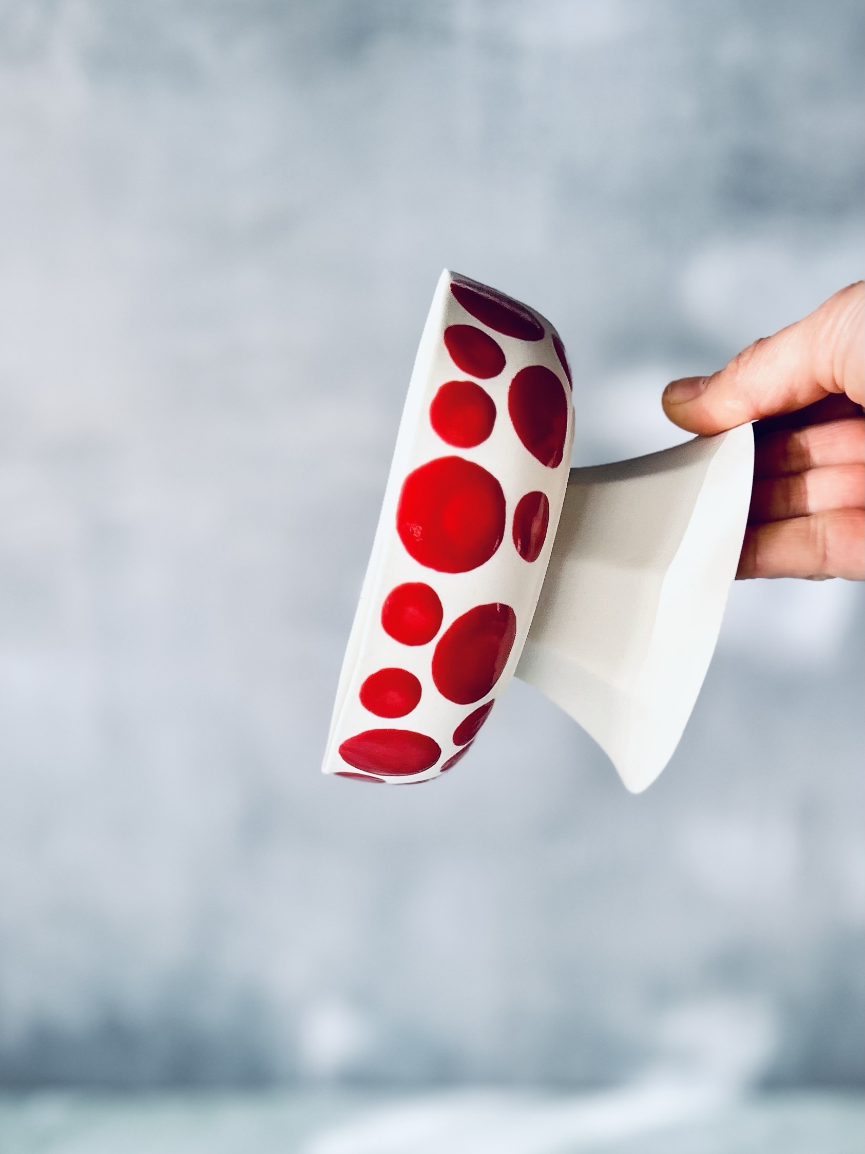 Mini Footed Porcelain Bowl – Red Polka Dots & Stripes