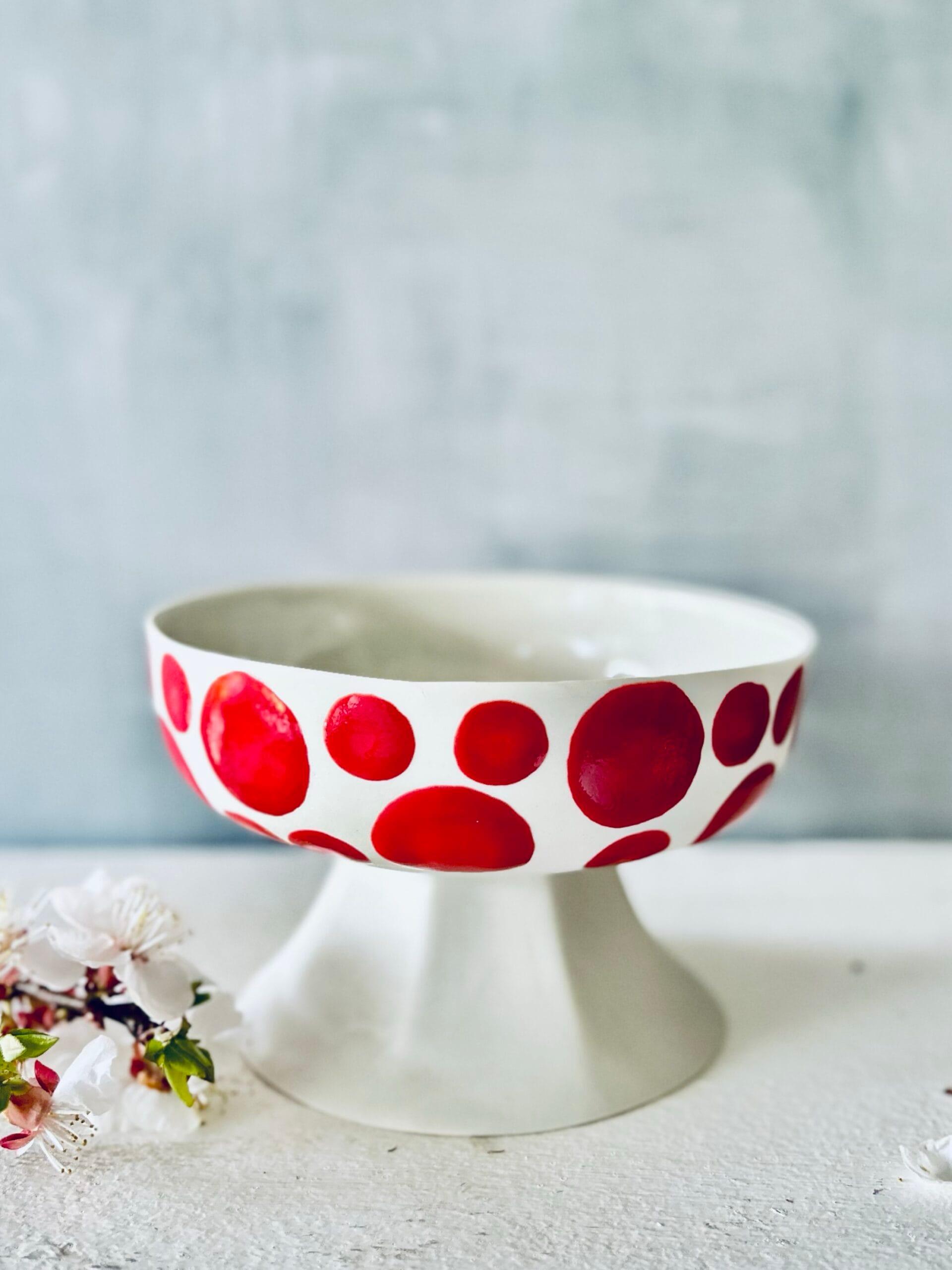 Mini Footed Porcelain Bowl – Red Polka Dots & Stripes