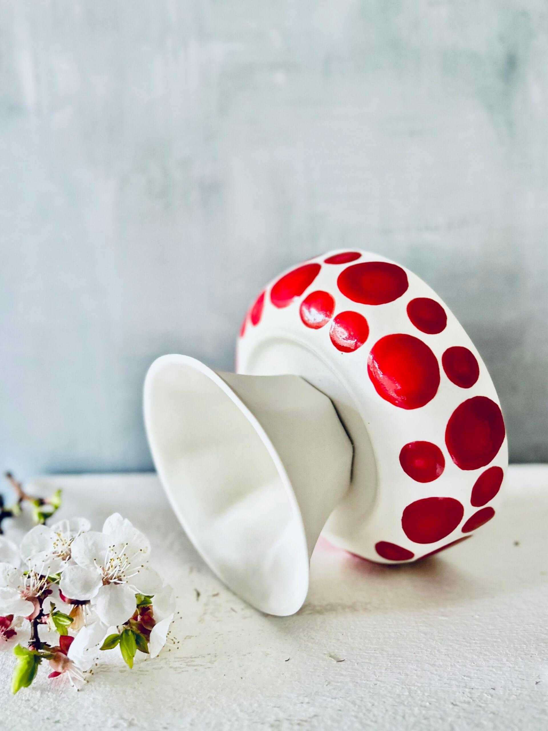 Mini Footed Porcelain Bowl – Red Polka Dots & Stripes
