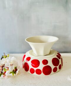 Mini Footed Porcelain Bowl – Red Polka Dots & Stripes