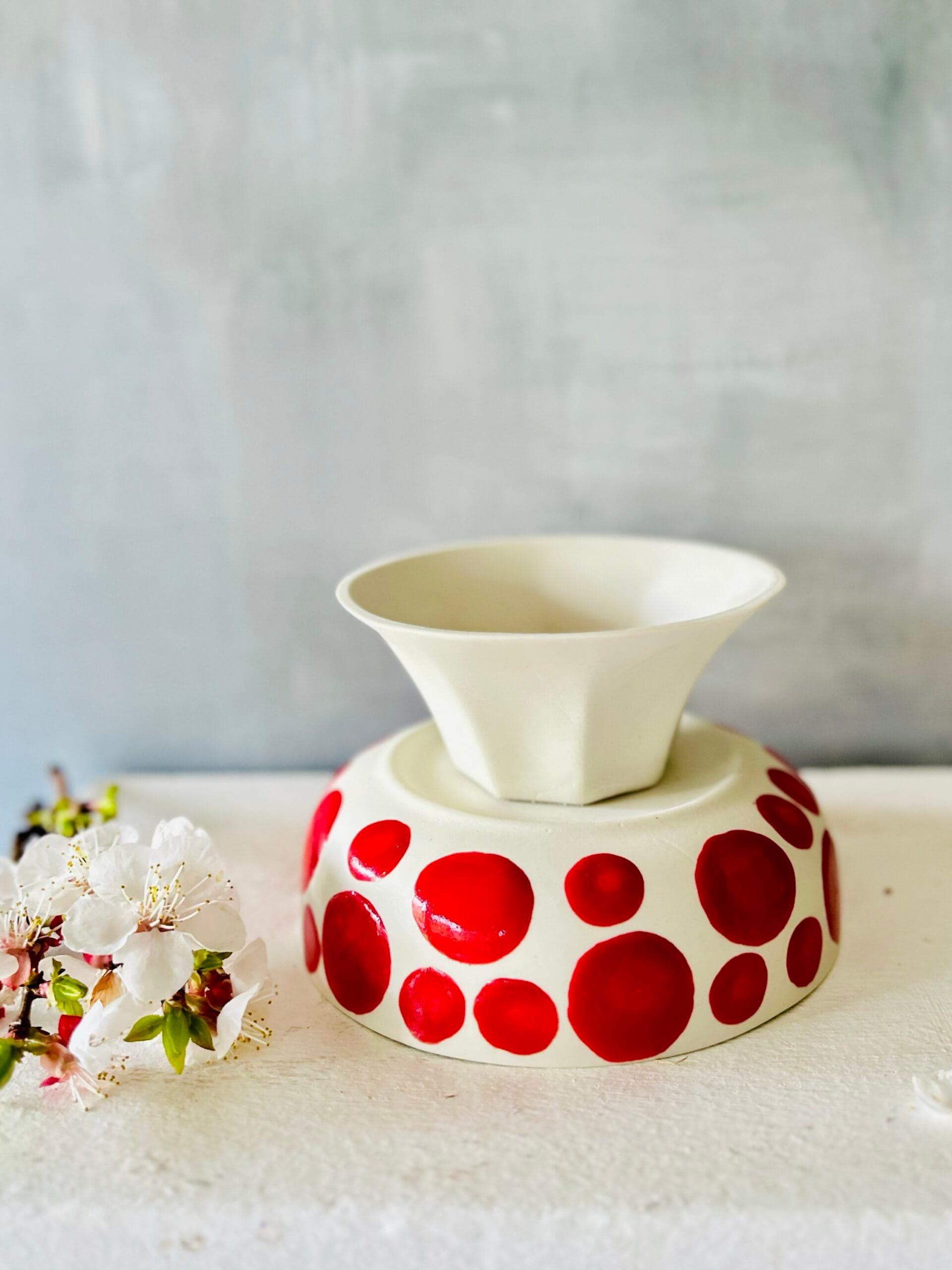 Mini Footed Porcelain Bowl – Red Polka Dots & Stripes