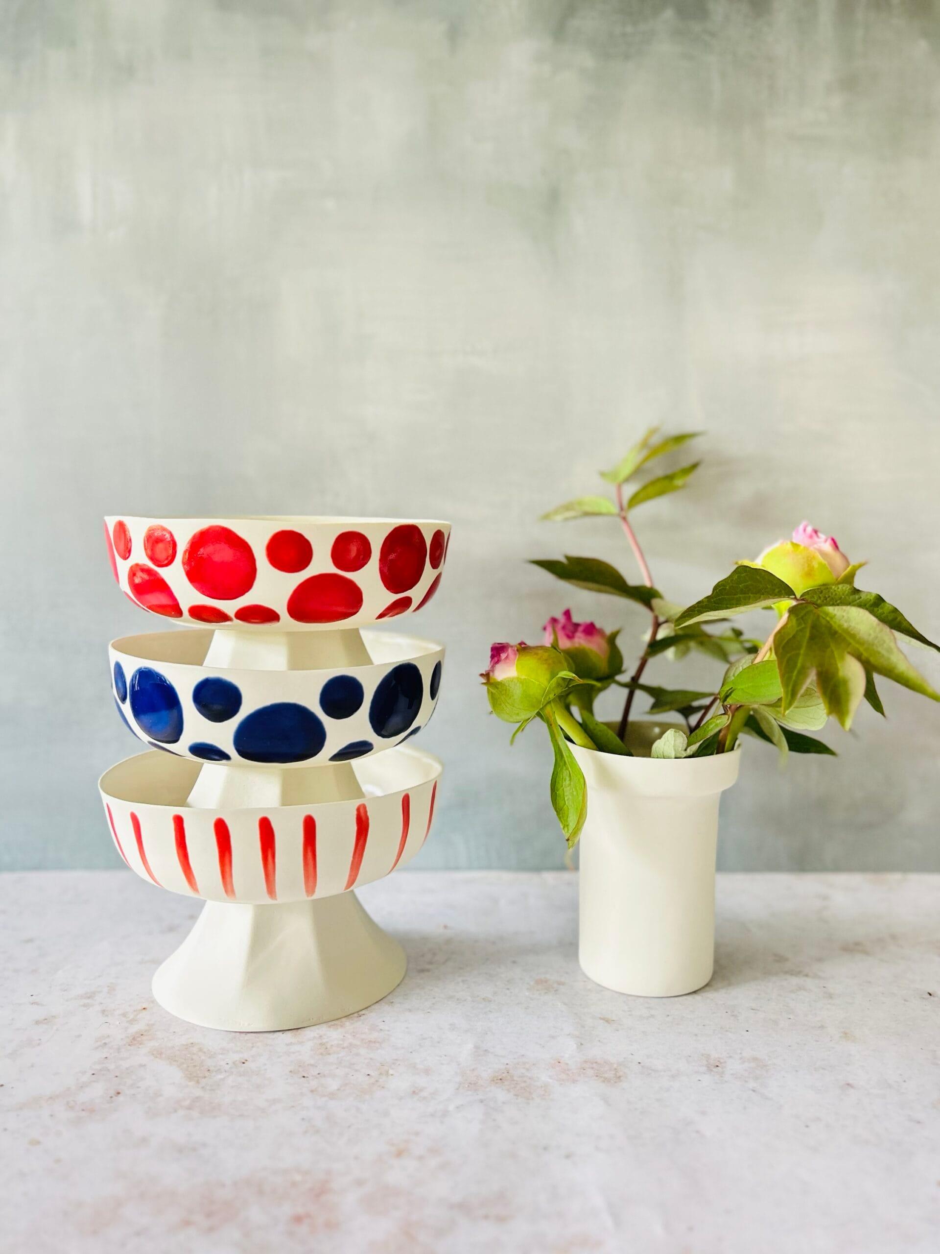Mini Footed Porcelain Bowl – Red Polka Dots & Stripes