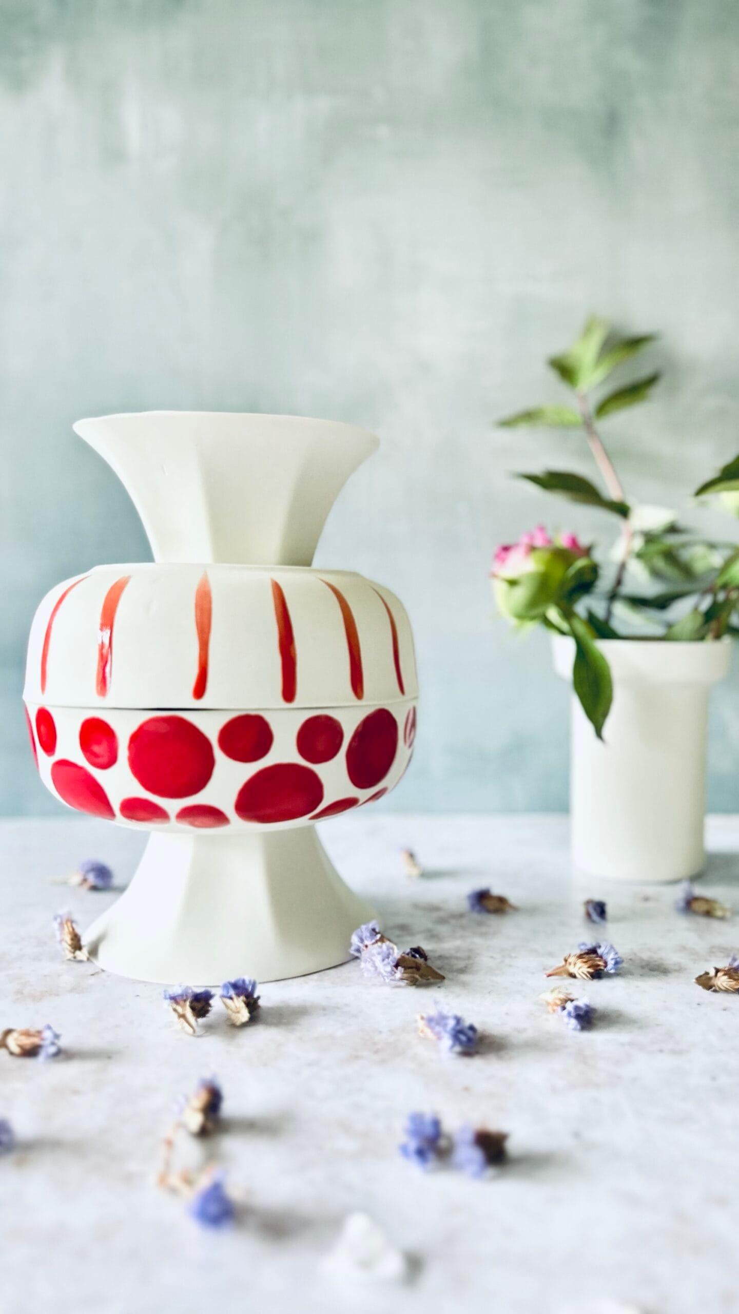 Mini Footed Porcelain Bowl – Red Polka Dots & Stripes